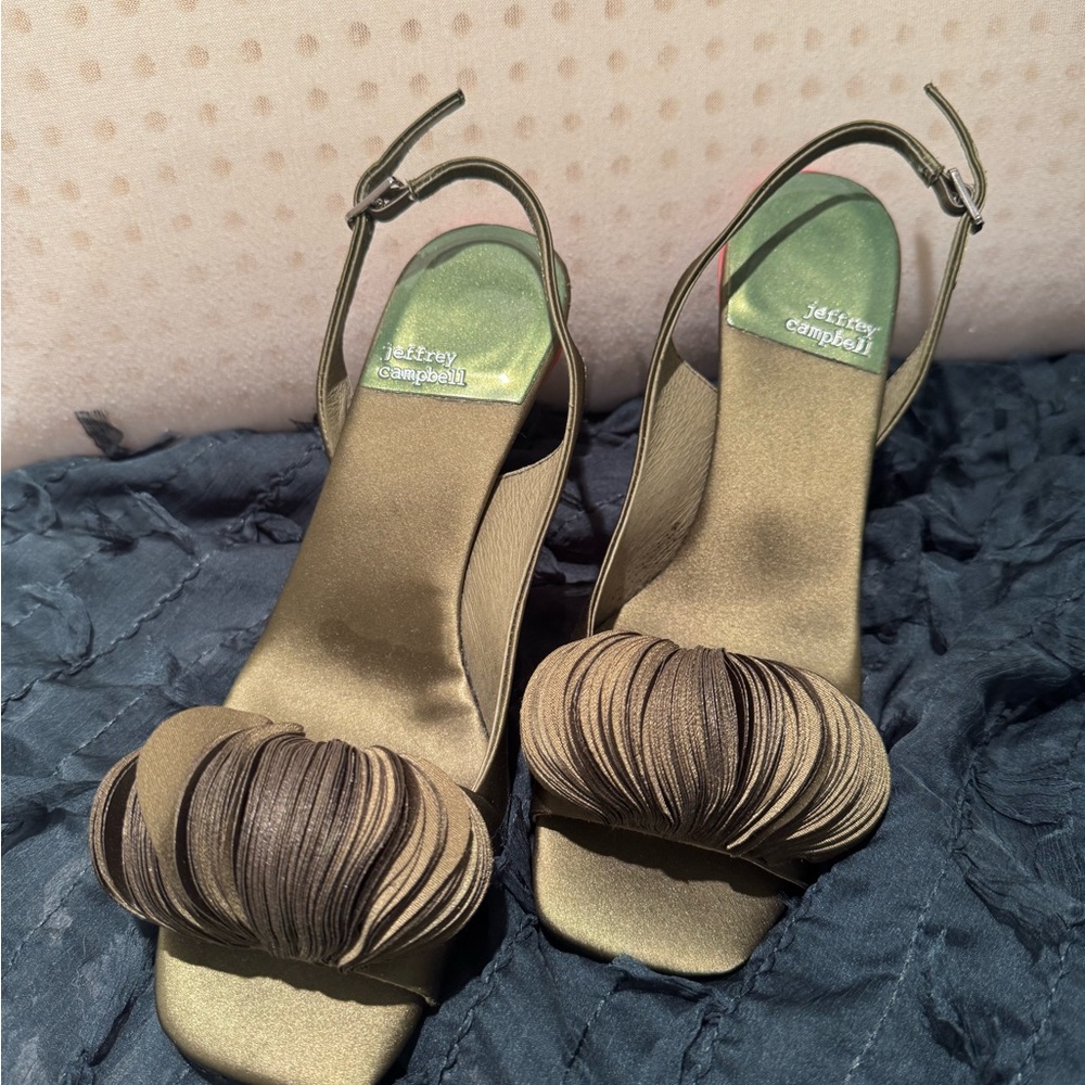 Jeffrey Campbell Olive Brown Satin Pleated Slingback Heels